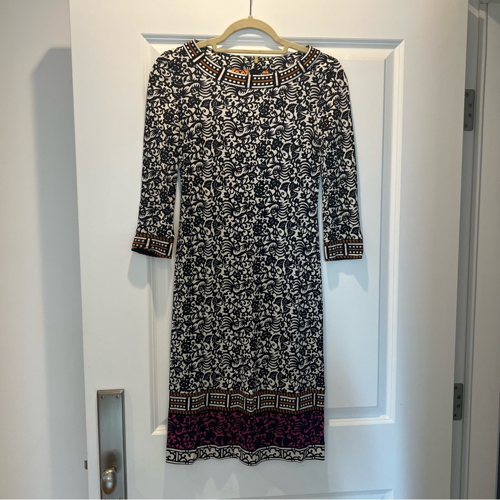 Tory Burch Black and White Sheath Dress with Cuffed Sleeves